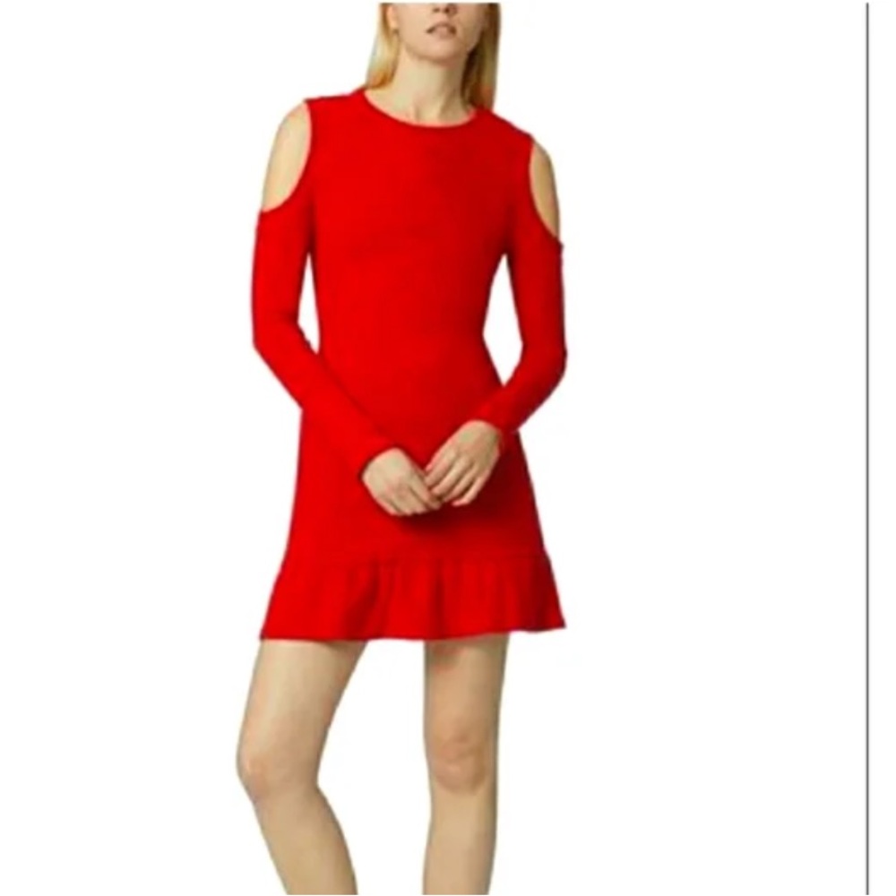 Avec Les Filles Cold Shoulder Deep Red Ribbed Ruffle Tshirt Dress M NWT